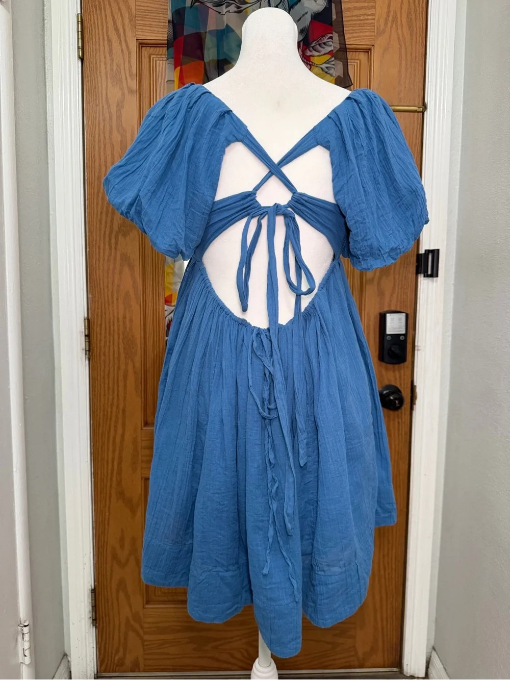 Free People Marina Mini Dress Blue Bell Puff Sleeve Open Back Tie Size M